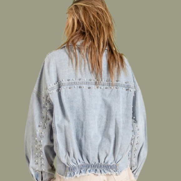 New Chic Oversized Pearl and Rhinestone Trim Denim Jean Jacket - Picture 4 of 8